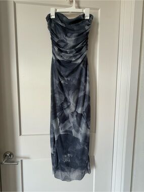 Strapless Gray Floral Print Maxi Dress